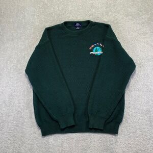 Vintage Vantage Peace On Earth Sweater Size Large Green Cotton Knit Made in USA